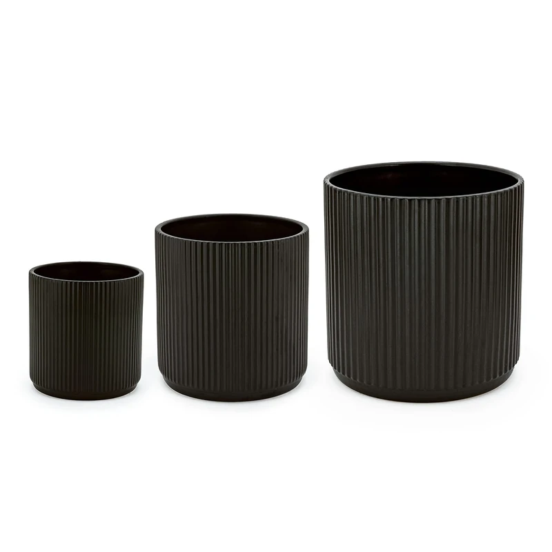 Amazon Basics Round Assorted Sizes Fluted Ceramic House Planters, Set of 3, 15.2 cm, 20.3 cm and 25.4 cm, Black