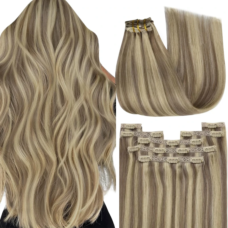 YoungSee Clip in Human Hair Extensions Brown 16inch 120g Human Hair Extensions Clips in Light Brown Highlights with Platinum Blonde Remy Clip in Hair Extensions for Women Enhanced Volume 7pcs