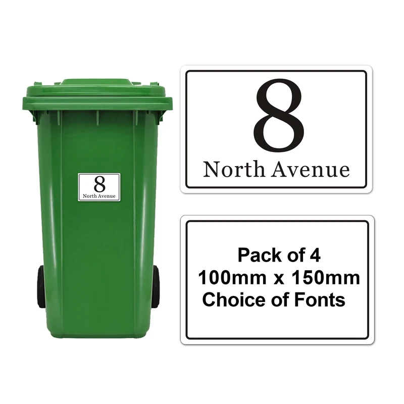 4 x Personalised Bin Numbers for Wheelie Bins, Custom Wheelie Bin Stickers, 150 x 100 MM Customised Number Stickers for Wheelie Bins, Waterproof Number Sticker with House Numbers Street Name(White)