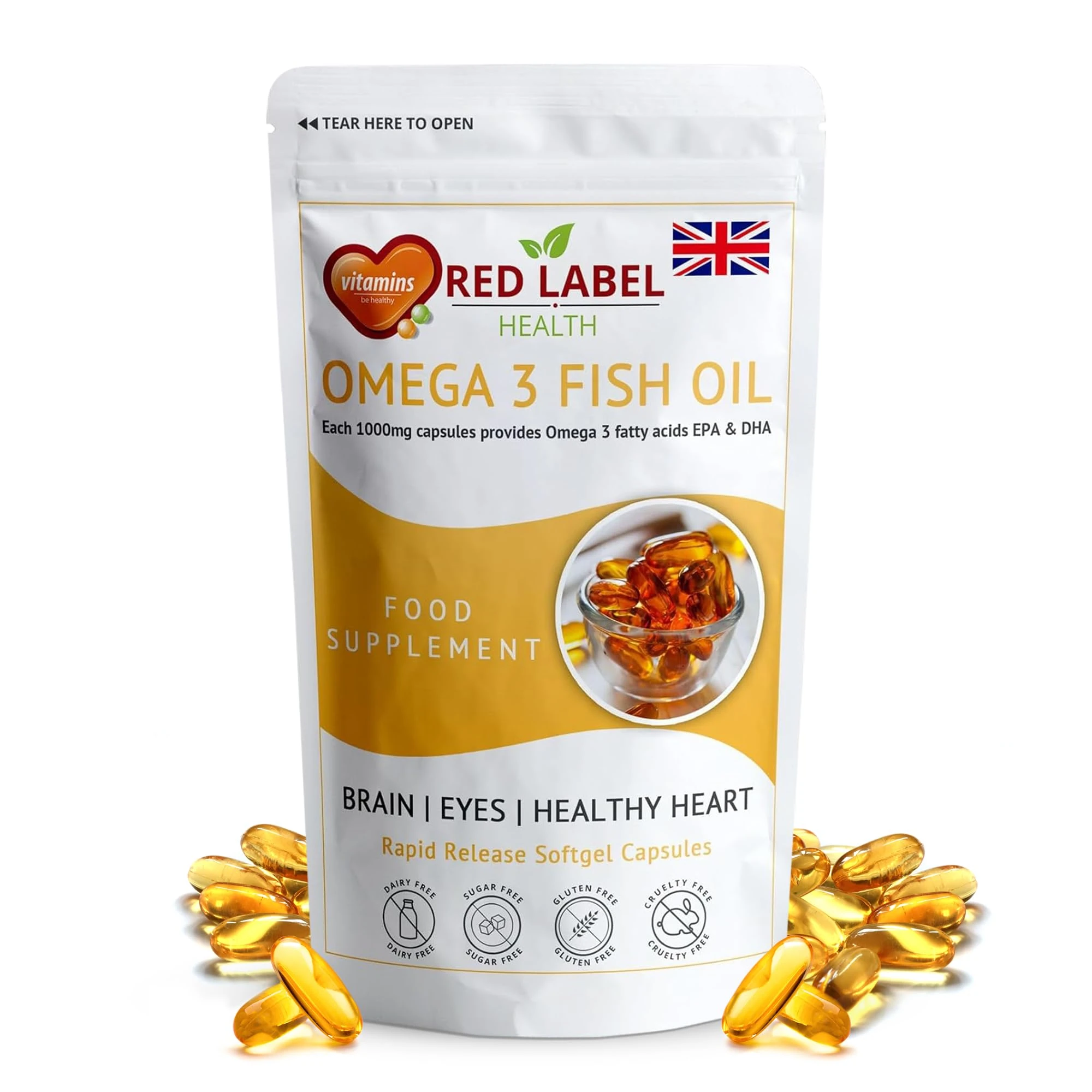 Red Label Health Omega 3 Fish Oil 1000mg, Pack of 30 Soft Gel Capsules (1 Month Supply), Double Strength 180mg EPA and 120mg DHA, Supports Eye, Heart & Brain Health for Men & Women - UK Made