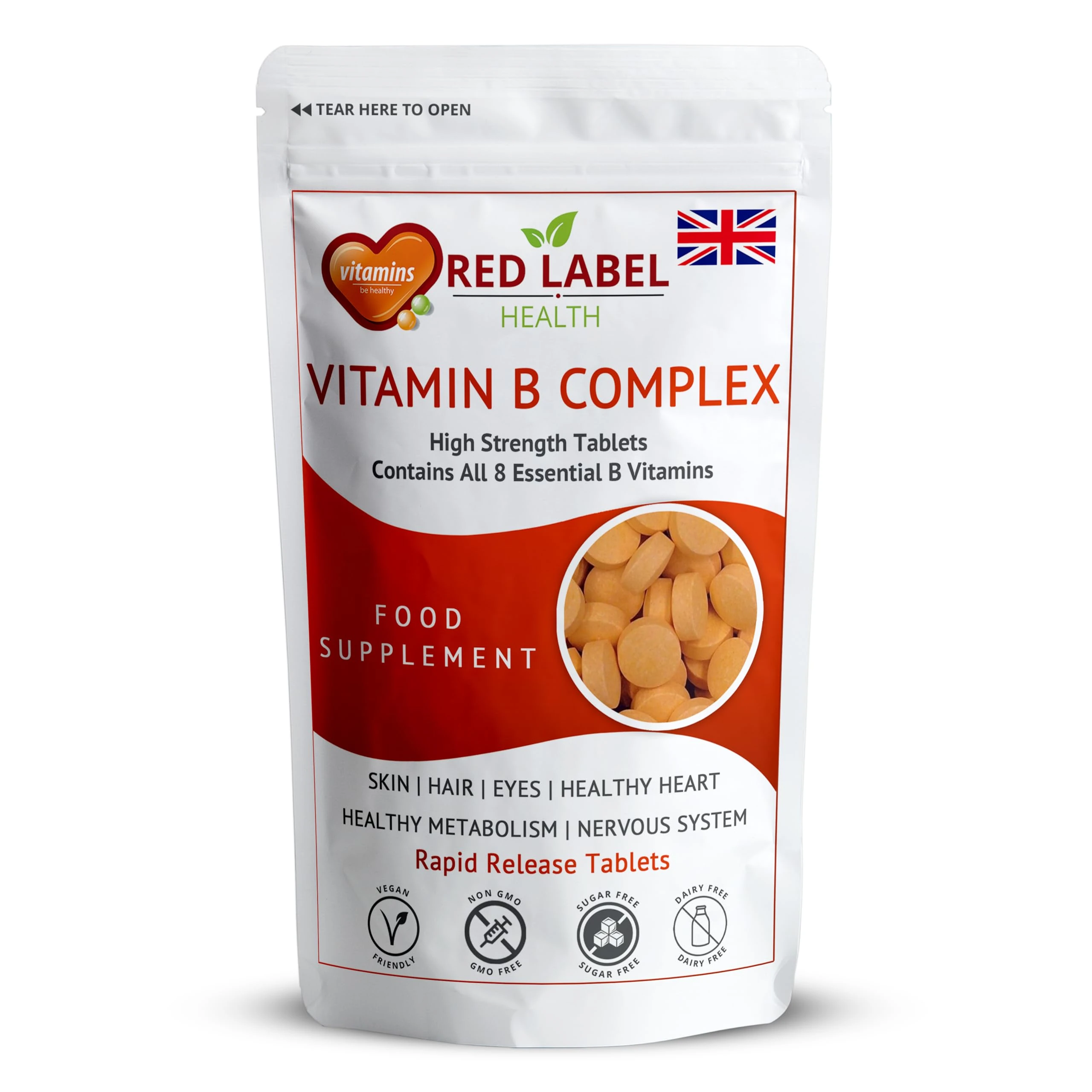 Red Label Health Vitamin B Complex High Strength 30 Tablets (1 Month Supply) - B1, B2, B3, B5, B6, B12, Biotin & Folic Acid for Men & Women, Vegan & Vegetarian-Friendly