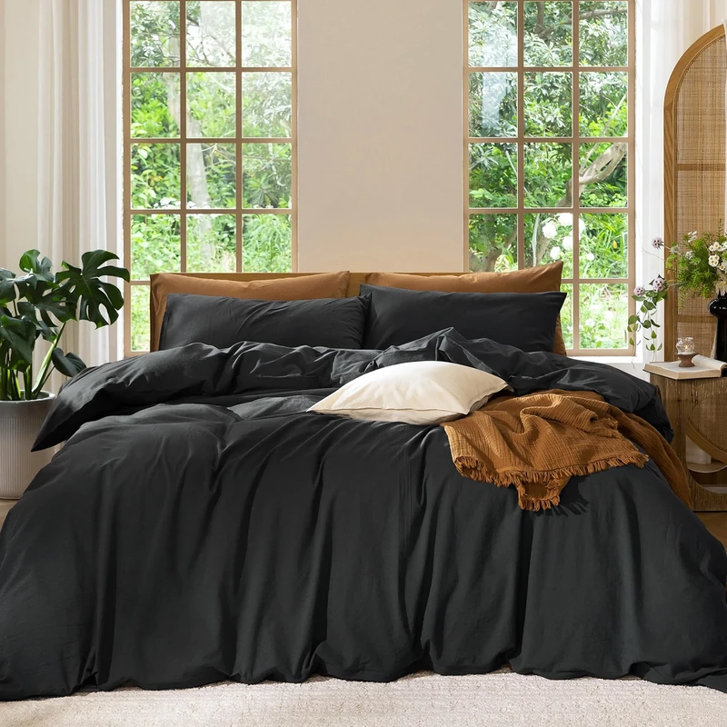 MOOMEE Bedding Duvet Cover Set 100% Washed Cotton Linen Like Textured Breathable Durable Soft Comfy (Black, Queen)