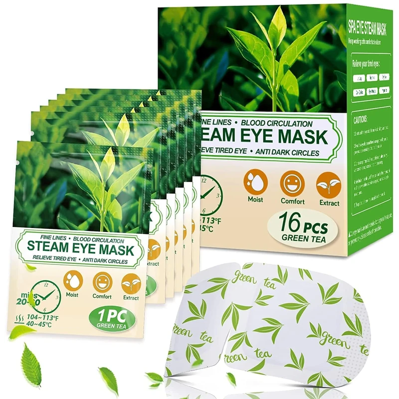 Self Heating Eye Mask for Dark Circles and Puffiness Soothing Headache Relief, Heated Eye Mask Steam Eye Masks for Sleeping,Puffy Eyes,Travel Essentials,Bedroom Accessories (Green tea-16pcs)