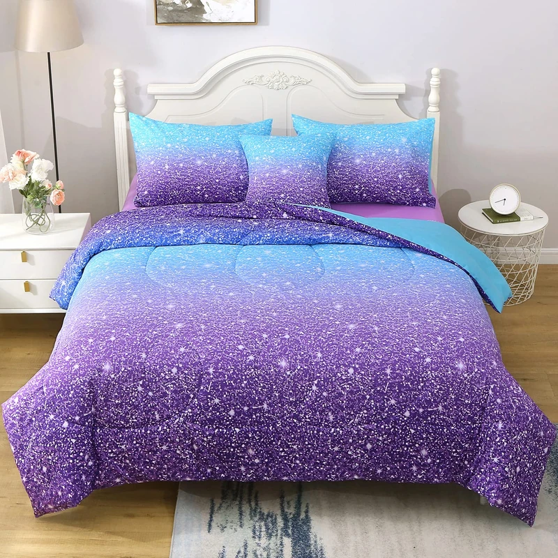 JQinHome Full/Queen Blue Purple Comforter Set, 6 Piece Bed in A Bag 3D Colorful Ombre Bedding Set for Girls Women (1 Comforter,2 Pillowcases,1 Flat Sheet,1 Fitted Sheet,1 Cushion Cover)(Blue Purple)