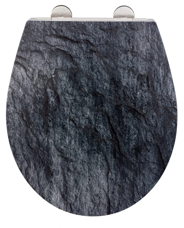 WENKO Slate Rock toilet seat, made of antibacterial Duroplast, automatic soft-closing mechanism and stainless steel Fix-Clip hygienic fastening, loo lid with relief surface, 38 x 44.5 cm