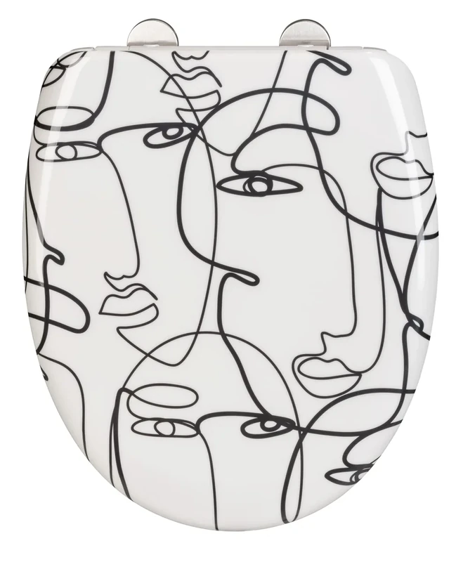 WENKO Faces toilet seat, premium Duroplast design, loo seat with Easy-Close automatic soft-closing mechanism & Fix-Clip hygienic fastening, antibacterial & scratch-resistant, 38 x 45 cm, white/black