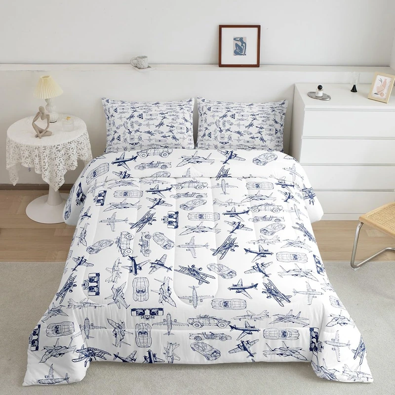 Feelyou Aircraft Bedding Set Kids Airplane Print Comforter Set Boys Girls Decor Aircraft Flying Comforter Cover Set Microfiber Sketch Style Blue White Duvet Set Bedroom Quilt Set Full Size