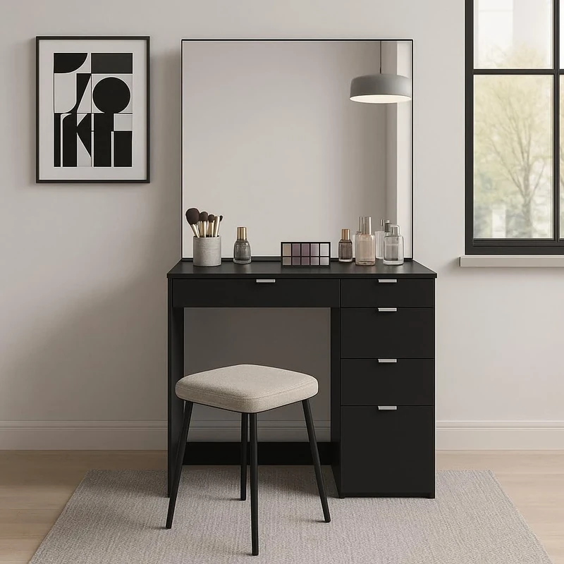 Birlea Furniture Ava 5 Drawer Dressing Table and Mirror, Black.