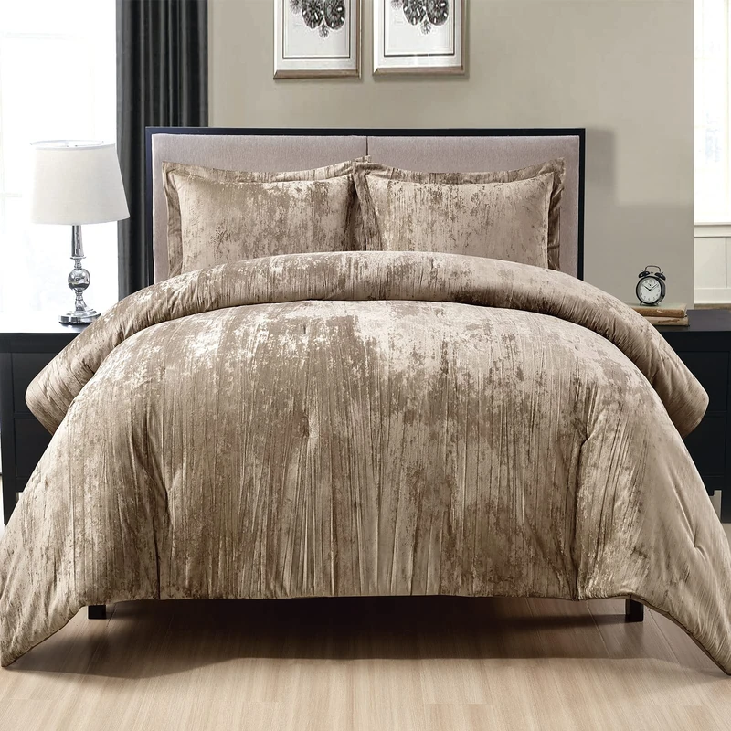 Fredsure Crinkle Velvet Comforter Set, 3 Pieces Khaki King, Crinkle Velvet Face and Brushed Microfiber Reverse, with Light Poly Fill