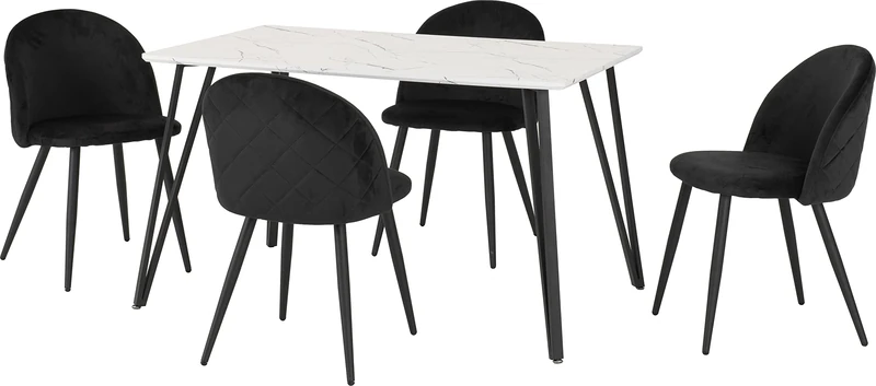 Seconique Marlow Dining Set with 4 Dining Chairs in White Marble/Black Velvet