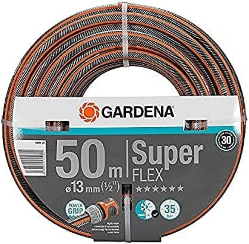 GARDENA PremiumFLEX Hose 13mm (1/2 Inch), 50m Bundle, Pressure-Resistant and dimensionally Stable, Bursting Pressure 35 bar; Includes Premium Flex Hose 13mm (1/2 Inch), 50m