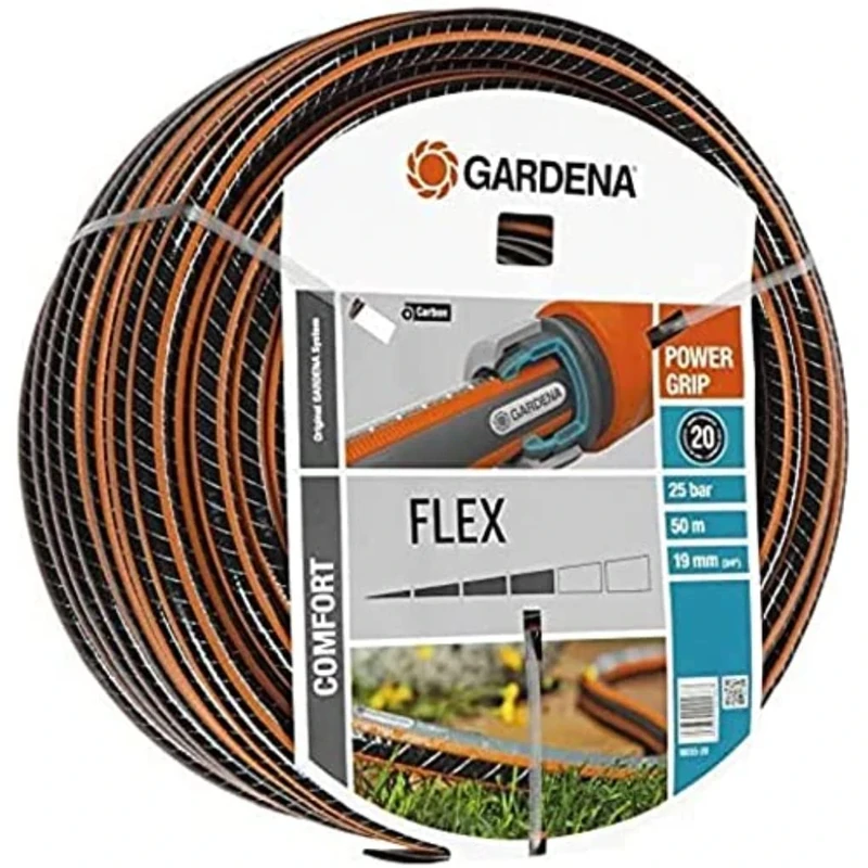 GARDENA Comfort Flex Hose 19mm (3/4 Inch), 50m Bundle, Pressure-Resistant and dimensionally Stable, Bursting Pressure 25 bar; Includes Comfort Flex Hose 19mm (3/4 Inch), 50m