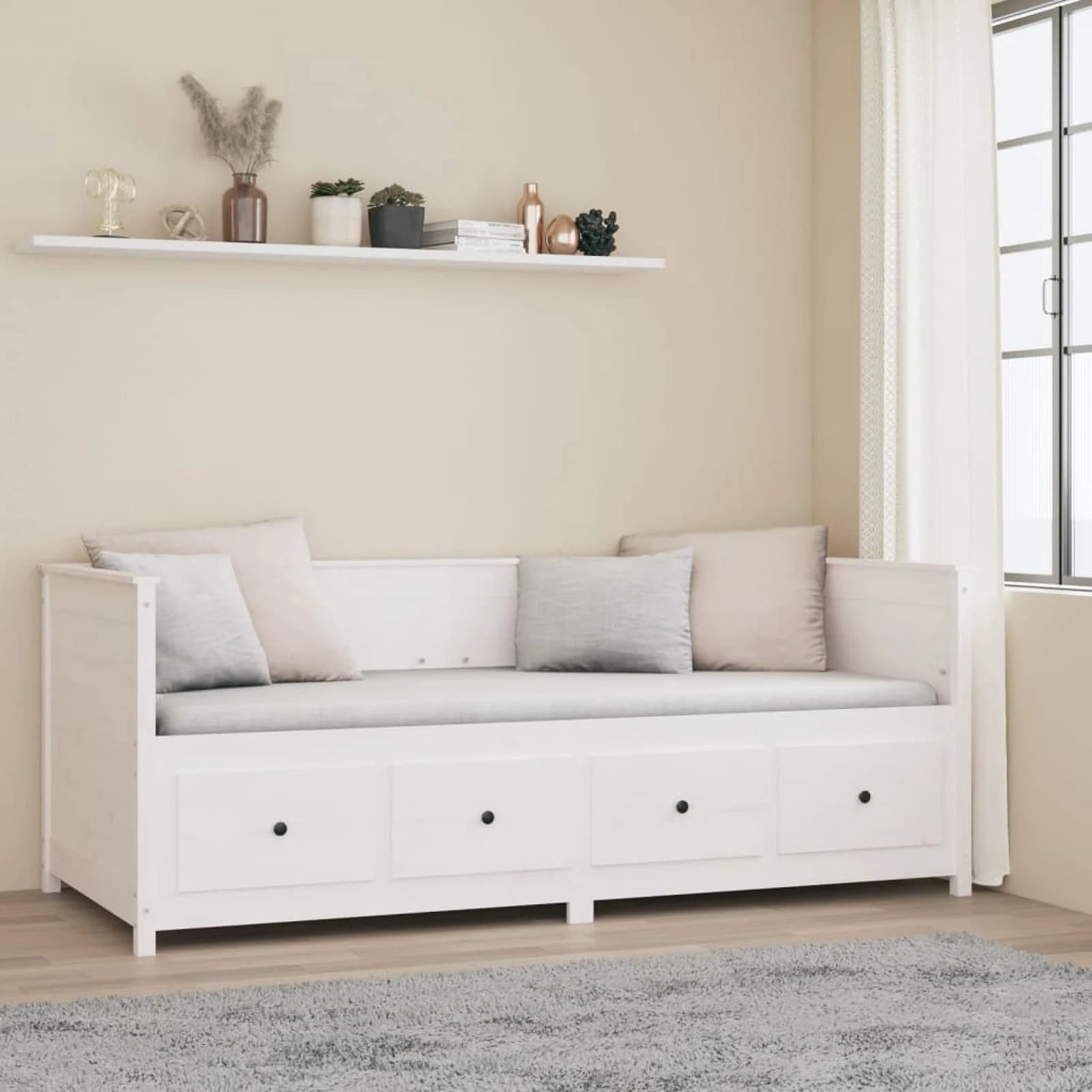 Susany Solid Pine Day Bed for Living Room & Guest Room - White 80x200 cm with Storage & carriage