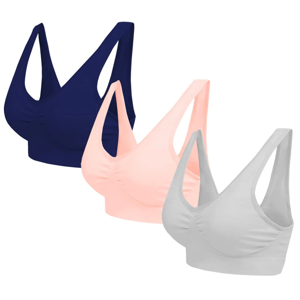 Blu Apparel Multipack Seamless Comfort Bras Sleep Bras Sizes 8-24 Not Padded Wireless (UK, Alpha, XXL, Regular, Regular, Navy/Grey/Peach 3 Pack)