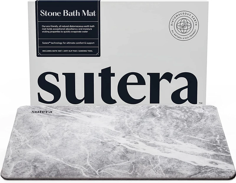 SUTERA - Stone Bath Mat, Diatomaceous Earth Shower Mat, Non-Slip Super Absorbent Quick Drying Bathroom Floor Mat, Natural, Easy to Clean (23.5 x 15 Granite)
