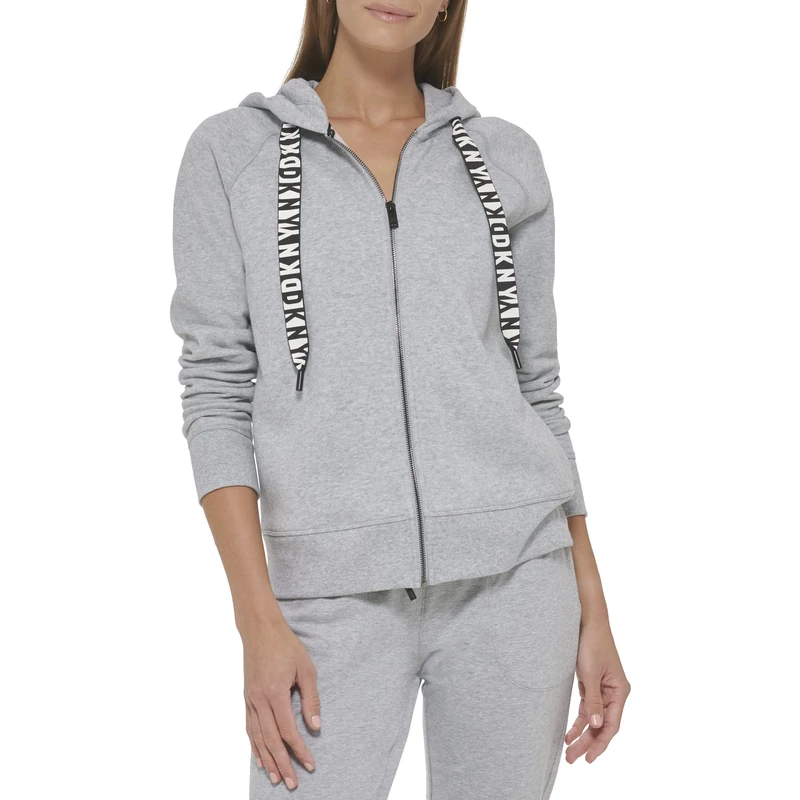 DKNY Women's Logo Drawstring Zip Up Hoodie, Activewear Sweatshirt Hooded, Light Grey, XS