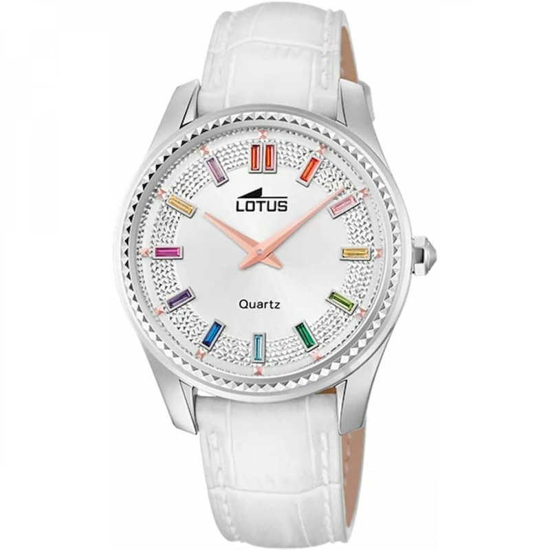 Lotus 18899/1 Women's Watch Stainless Steel and Leather with Glass Stones in Silver/White Colourful 38 mm, Water Resistance: 5 Bar, 18899/1, Silver-White-Multi-Coloured, Strap.