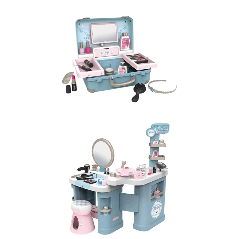 Smoby Kids Beauty Vanity Role Play Case and Roleplay Salon with Stool and Mirror, Vanity Station with Lights and Sounds