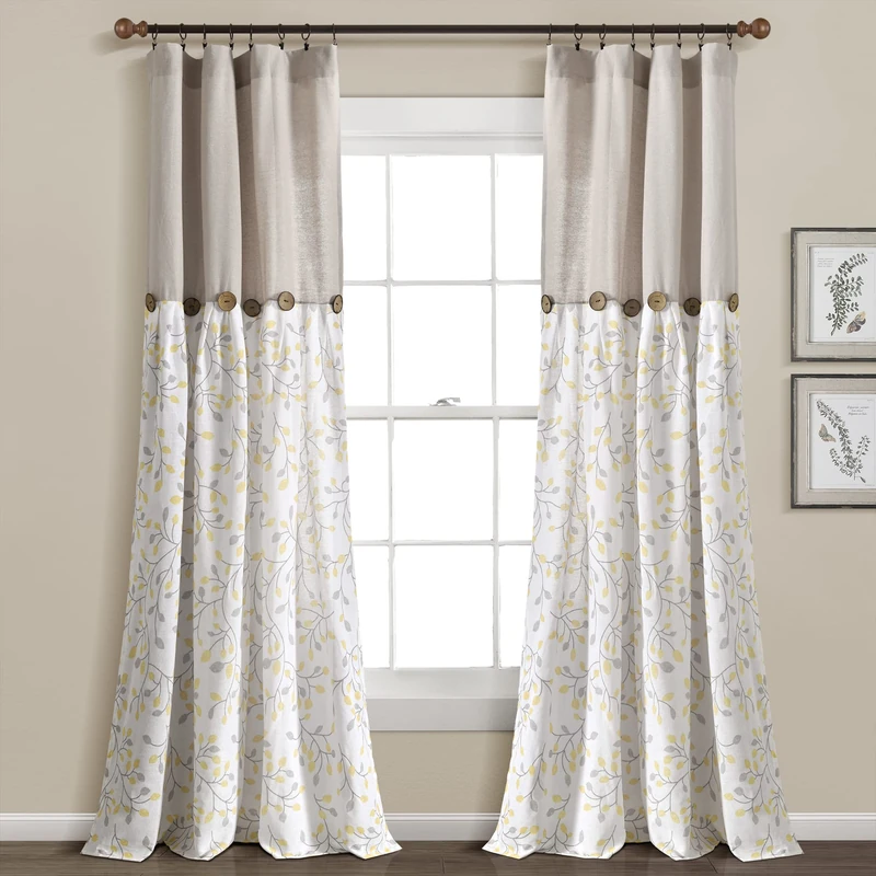 Lush Decor Linen Button Botanical Garden Window Curtain Panel (Single Panel), 84" L X 40" W, Gray & Yellow
