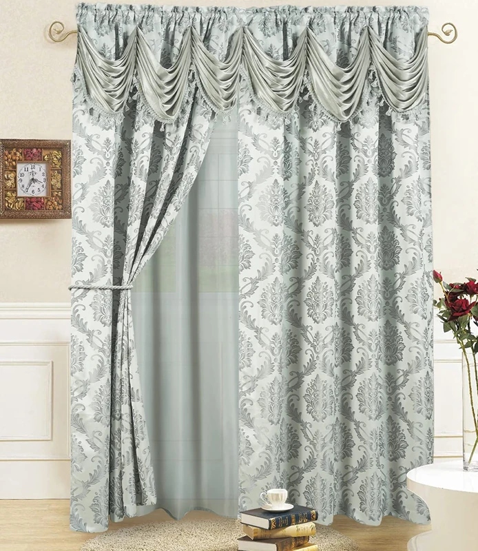 Jacquard Window Curtains for Living Room and Bedroom 54 W x 84 L Inches - 2 Panel Set with Attached Valance, Backing and 2 Tie Backs Long Fancy Design Cortinas Para Sala (Silver Gray)