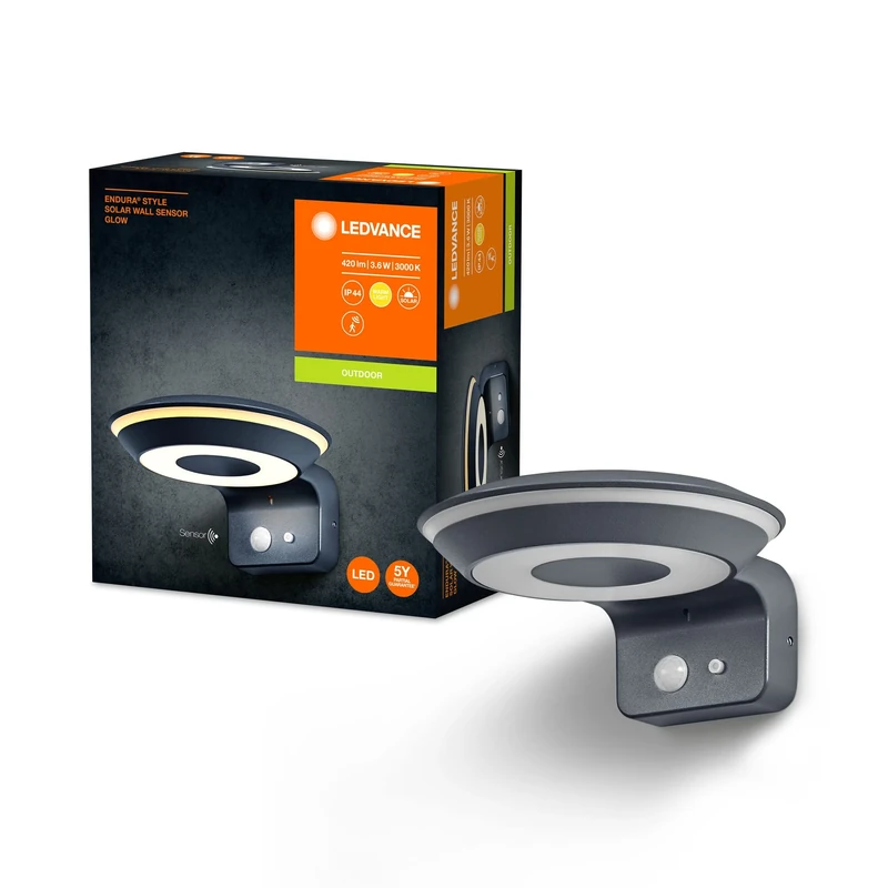 LEDVANCE Endura Style Glow Solar Wall Light, Two Separately controllable Light Rings, Warm White Light (3000K), Integrated Sensor, usable Without Power, IP44 Protection, Dark Gray