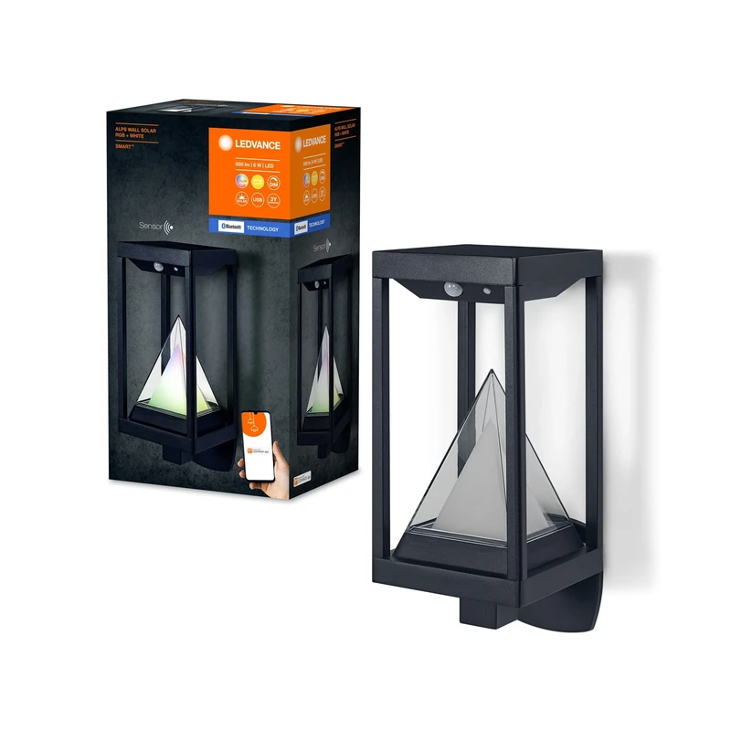 LEDVANCE SMART+ outdoor Bluetooth solar wall light, with warm white (3000K) and color light, usable without power, up to 2.5 hours burning time at 100% light, rechargeable with USB-C cable IP44 sensor