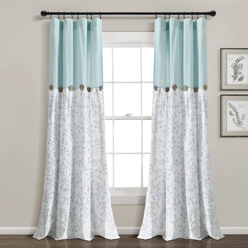 Lush Decor Linen Button Botanical Garden Window Curtain Panel (Single Panel), 84" L X 40" W, Blue & Gray