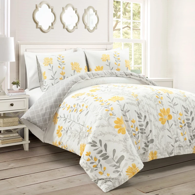 Lush Decor Aprile Reversible Soft Cotton Duvet Cover, 3 Piece Set, Full/Queen, Yellow & Gray - Spring Bedding Set - Yellow Flower & Leaf Print - Floral Duvet Cover - Cottage & Farmhouse Bedroom Decor