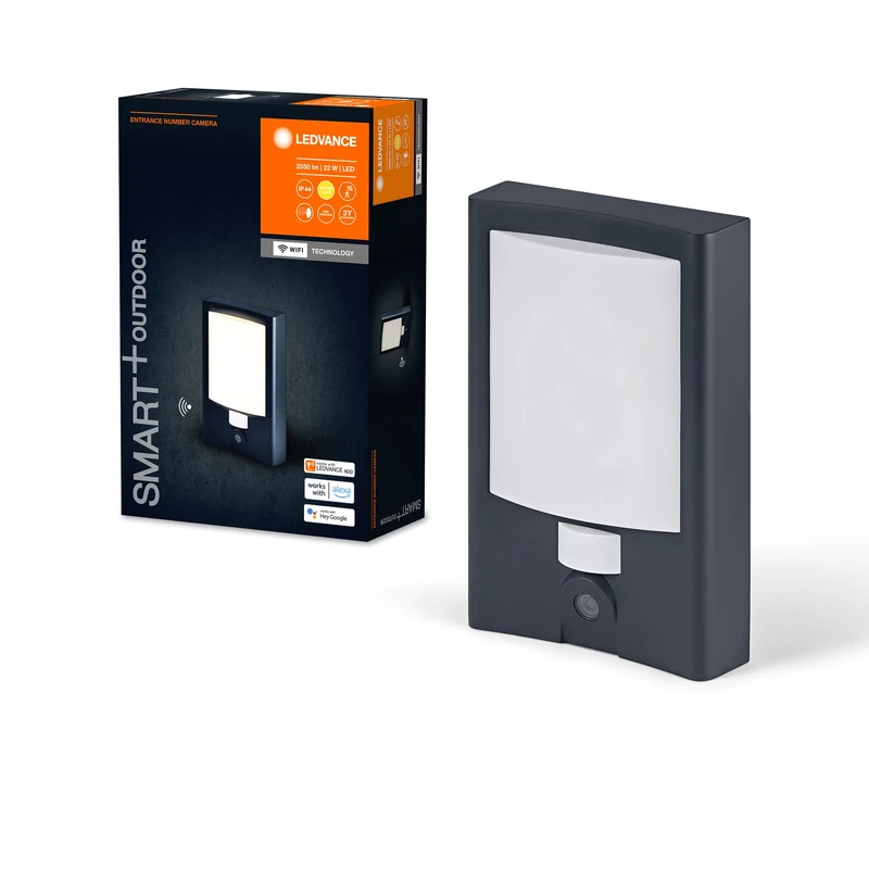 LEDVANCE SMART+ Outdoor wall Light + House Number & Camera, Warm White LED Light (3000K), high-Quality Polycarbonate housing in Dark Gray, Integrated Speaker, Memory Card, smart WiFi Technology