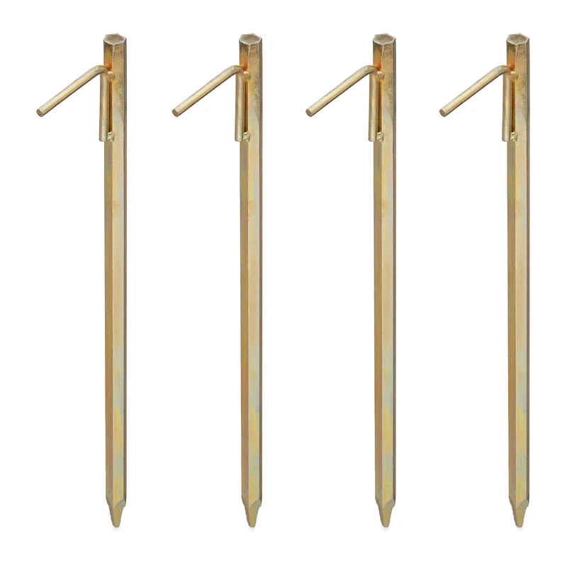 Relaxdays Tent Pegs Set of 4, Ground Anchor for Hard Soil, Camping, Galvanised Steel Hooks, Metal, Durable, 50cm, Gold, 50 x 9 x 2 cm