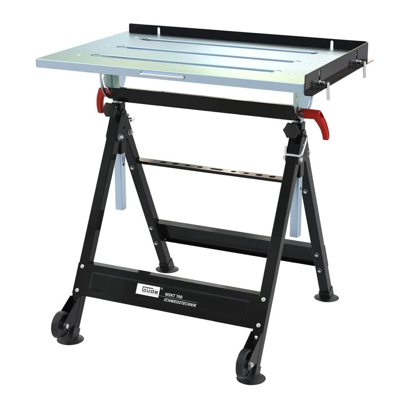 Güde MSKT 760 Mobile Folding Welding Table (Galvanised Work Platform (76 x 51 cm), 150 kg Max. Weight, 4-Way Height Adjustable, Both 90° Swivel, Tool Bar, Transport Wheels & Handle)