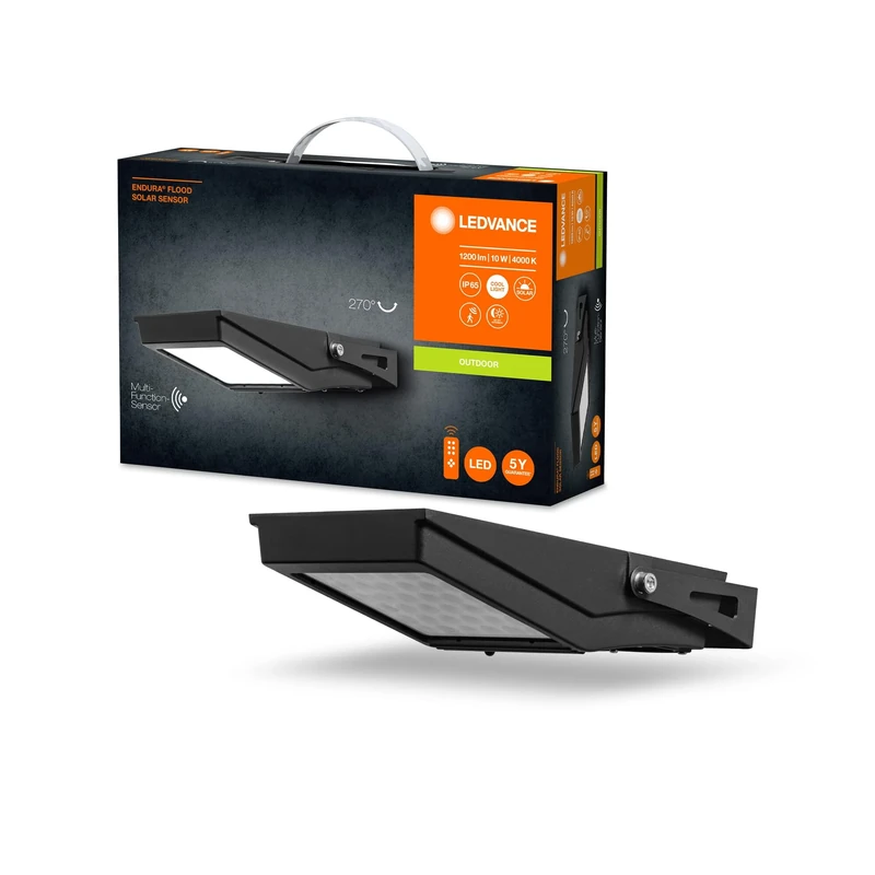 LEDVANCE Endura Flood Solar LED floodlight, 10W, Solar Powered, Built-in Sensor, Cold White Light, Remote Control, Long Battery Life up to Four Hours at Full Brightness, IP65 Protection