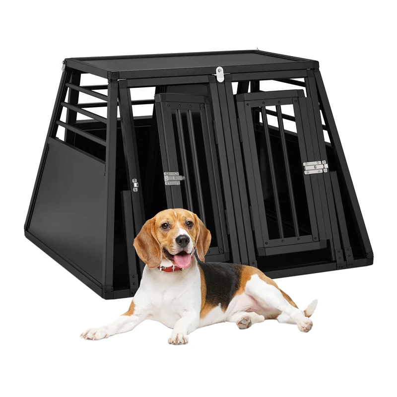 Relaxdays Dog Box Car, Double Dog Transport Crate, Boot, Slanted, Partition, HxWxD: 64 x 90 x 82 cm, Black