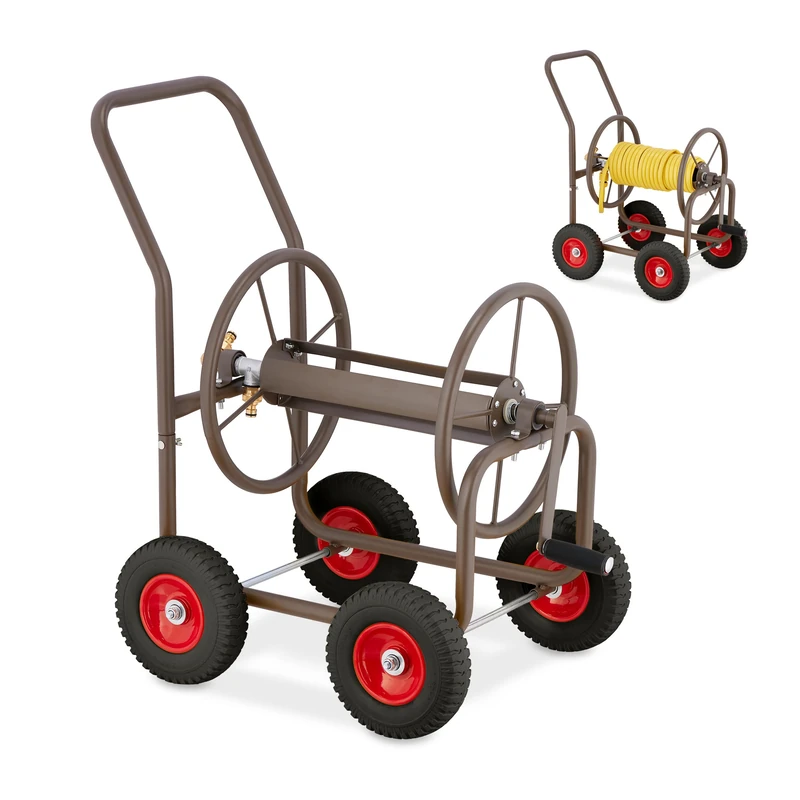 Relaxdays Hose Trolley, Up to 60 Meters, 4 Rubber Wheels, H x W x D: 81 x 50 x 80 cm, Steel, Brown