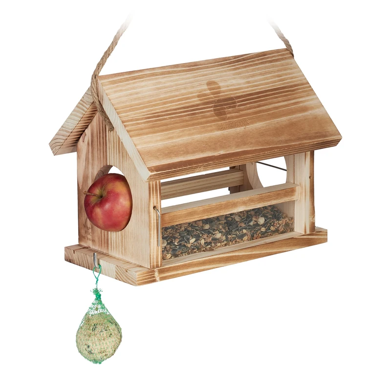 Relaxdays Bird Feeder, Flamed Design, FSC-Certificate, HxWxD: 24x31x20 cm, Weatherproof, Natural - Image 1
