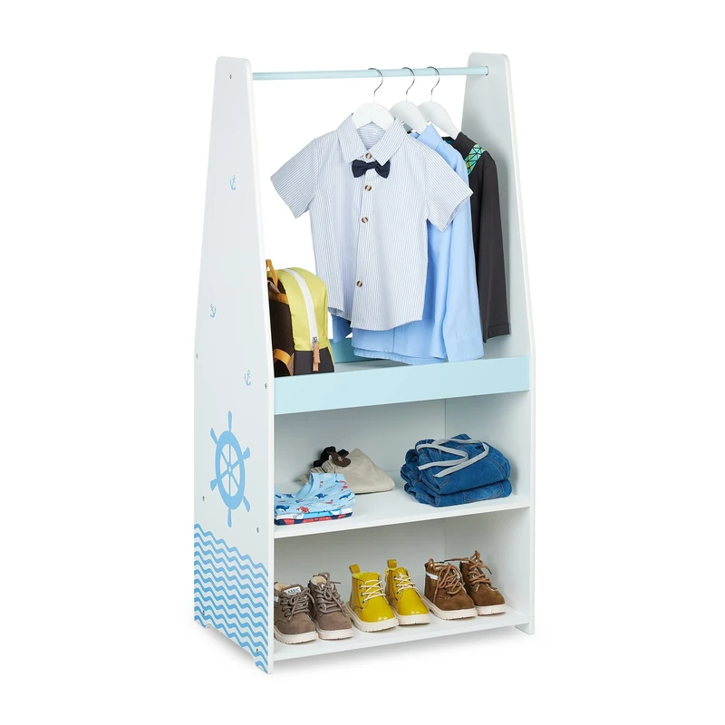 Relaxdays Clothes Rack for Children, Coat Rail & 3 Shelves, HxWxD: 120 x 60 x 40 cm, Wardrobe for Nursery, White/Blue, Fibreboard