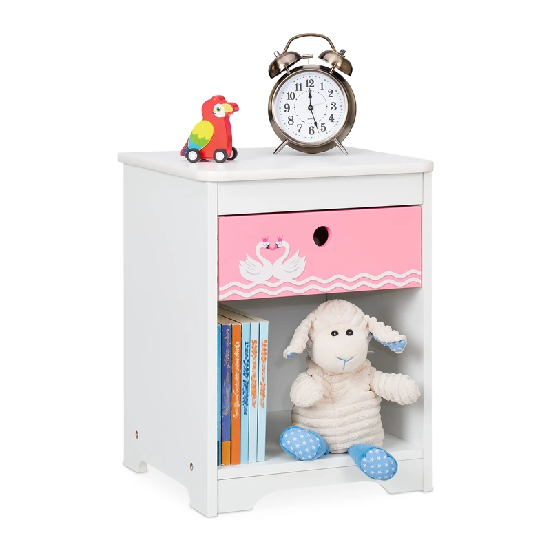 Relaxdays Children's Bedside Table, Cute Swan Design, Drawer & Storage Compartment, HxWxD: 41 x 32 x 31 cm, White/Pink, Fibreboard, 41x32x31cm
