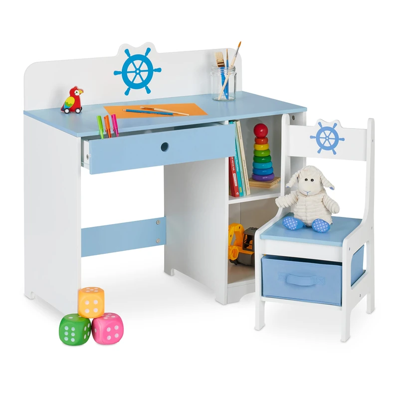 Relaxdays Children's Furniture Set, Table & Chair, Open Shelves & Drawers, Naval Motif, 79.5 x 80 x 40 cm, White/Blue