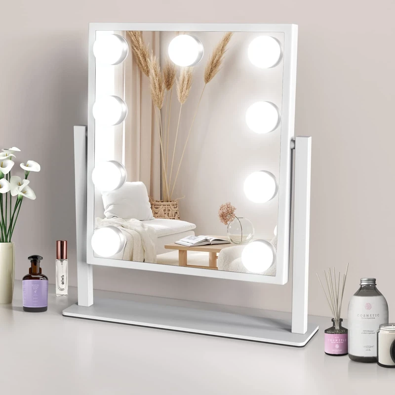 TUREWELL Hollywood Makeup Mirror with Lights, Hollywood Vanity Mirror with 3 Color Light & 9 Dimmable Led Bulbs, Smart Lighted Touch Control Screen & 360 Degree Rotation(White)