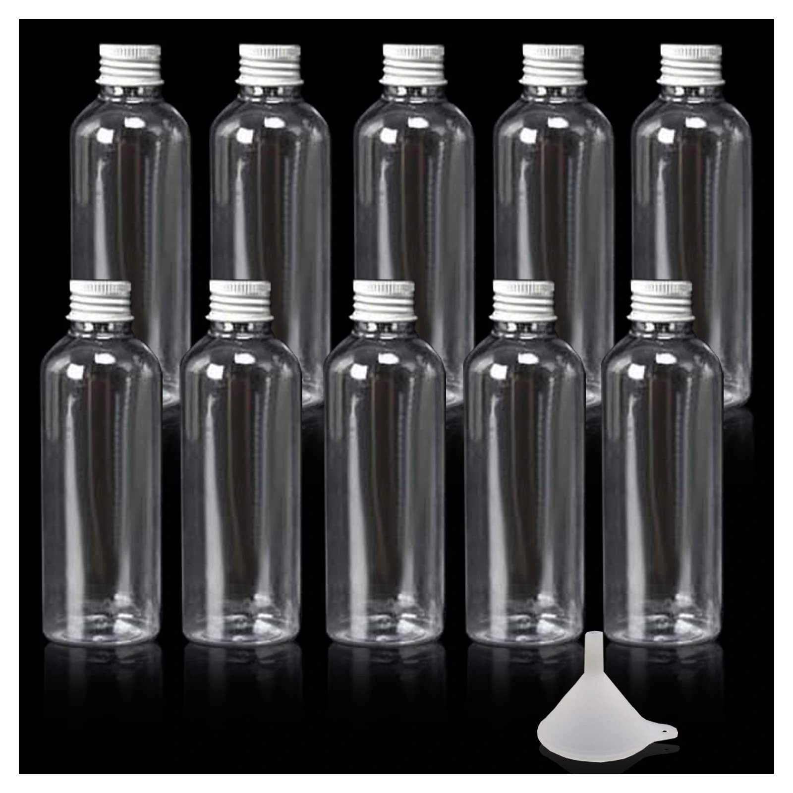 Kittenish Mini Plastic Bottles 80ml with Silver Screw Caps, Reusable & Funnel for Parties