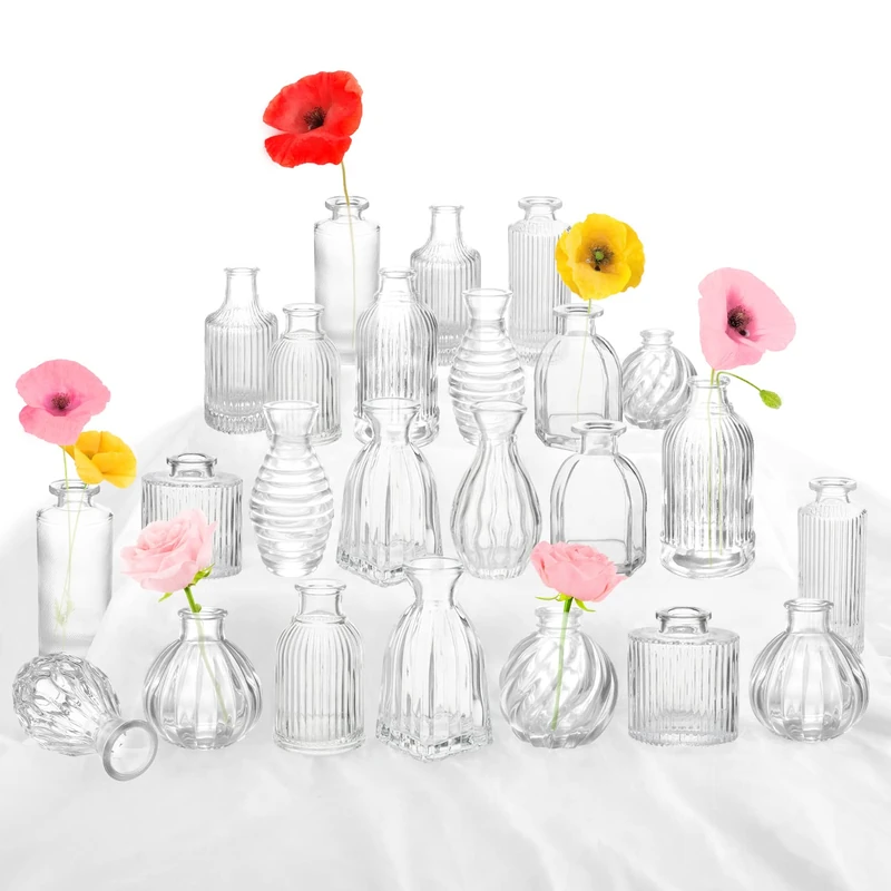 Bud Vases in Bulk 24, Small Glass Vase for Centerpieces, Vintage Vases for Decor, Mini Clear Single Flower Vase Bulk for Wedding Decor Rustic Decorative Christmas Vases Set Home Table Decorations