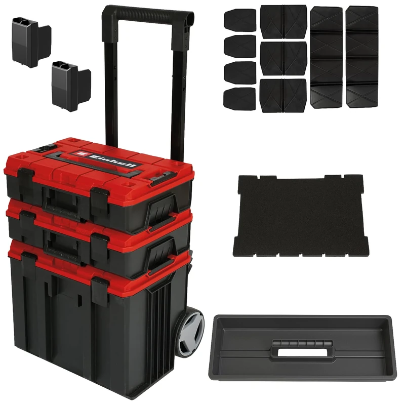Einhell E-Case Tower Tool Storage System - 3 Stackable Cases With Wheels And Telescopic Handle - Power Tool Box, Lockable, Protective Storage And Transport Of Tools And Accessories