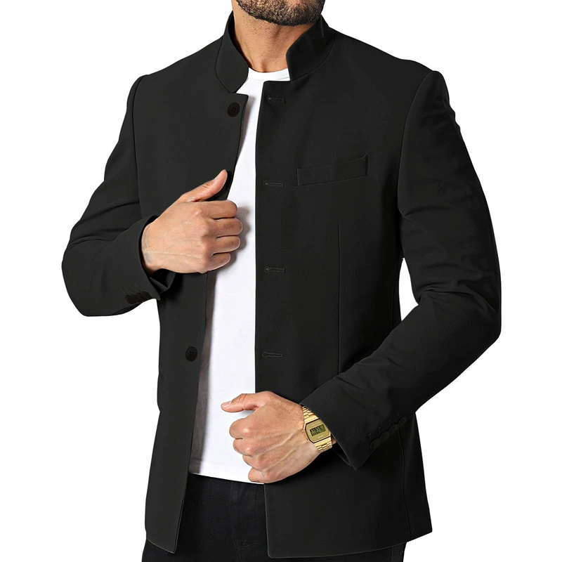 THWEI Mens Blazer Jackets Stand Collar Business Sports Coats, Black, 3XL