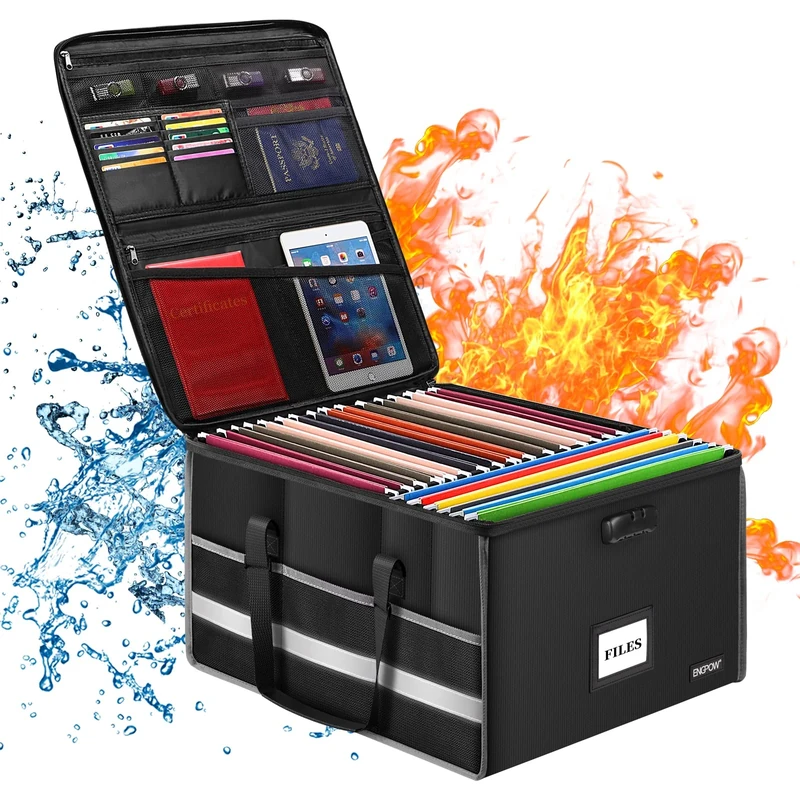 ENGPOW Collapsible Fireproof Document Box - Large File Storage Organizer with Inserts and Mesh Pockets, Hangs Both Letter and Legal Folders