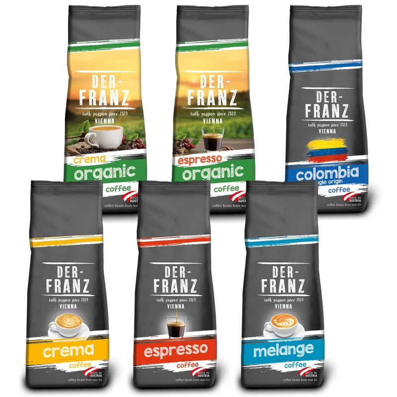 Der-Franz Coffee Pack, whole bean, 6 x 500 g (1 x Crema, 1 x Espresso, 1 x Melange, 1 x Colombia, 1 x Espresso Organic, 1 x Crema Organic)