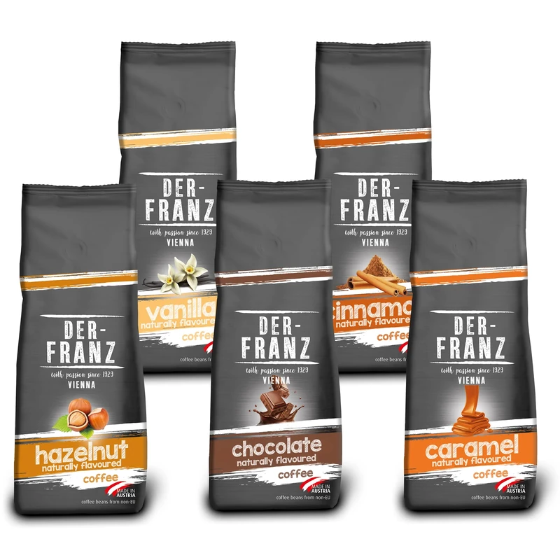 Der-Franz Coffee Pack, ground, flavoured, 5 x 500 g (1 x Hazelnut, 1 x Vanilla, 1 x Chocolate, 1 x Cinnamon, 1 x Caramel)