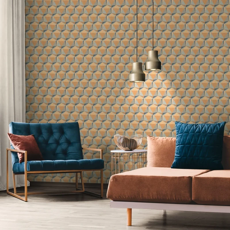 A.S. Création Nara 387483 Non-Woven Wallpaper, Graphic, Yellow, Blue, Orange, Hexagon Wallpaper 10.05 m x 0.53 m, Made in Germany
