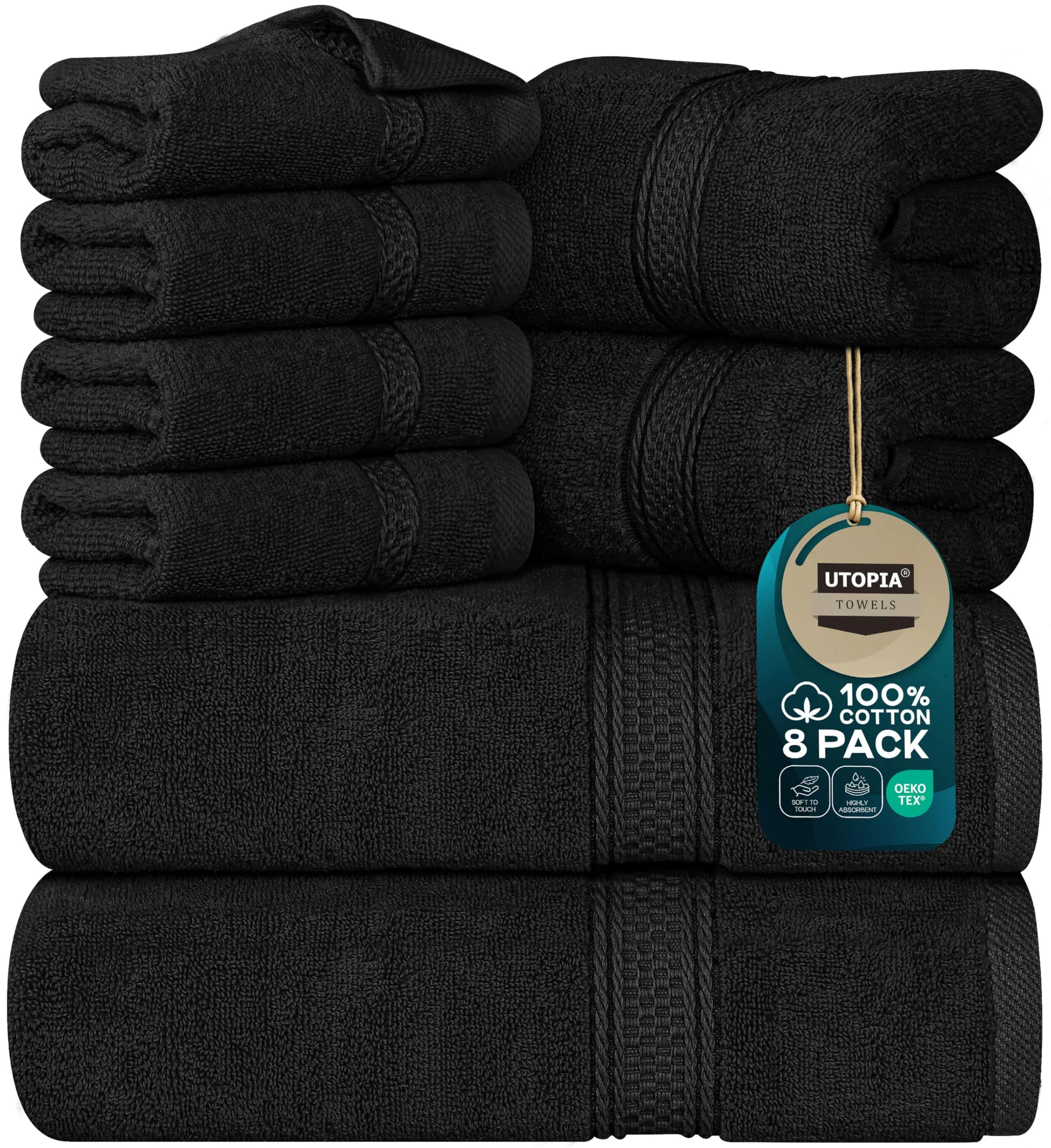 Utopia Towels 8 Piece Towel Set - 2 Bath Towels, 2 Hand Towels and 4 Washcloths Cotton Hotel Quality Super Soft and Highly Absorbent (Black)