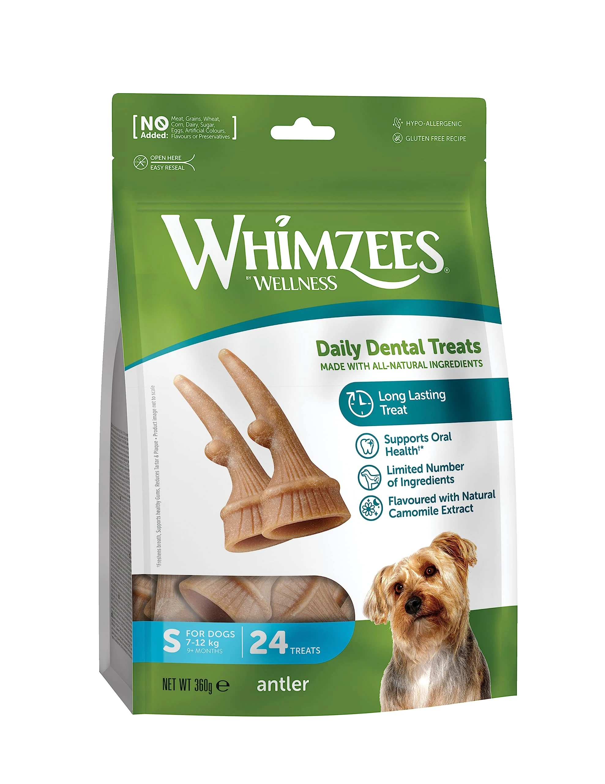 WHIMZEES Antler S, Occupying Dental Treat with Calming Effects for Small Dogs (7-12kg), All-Natural, Grain-Free, 24 pieces