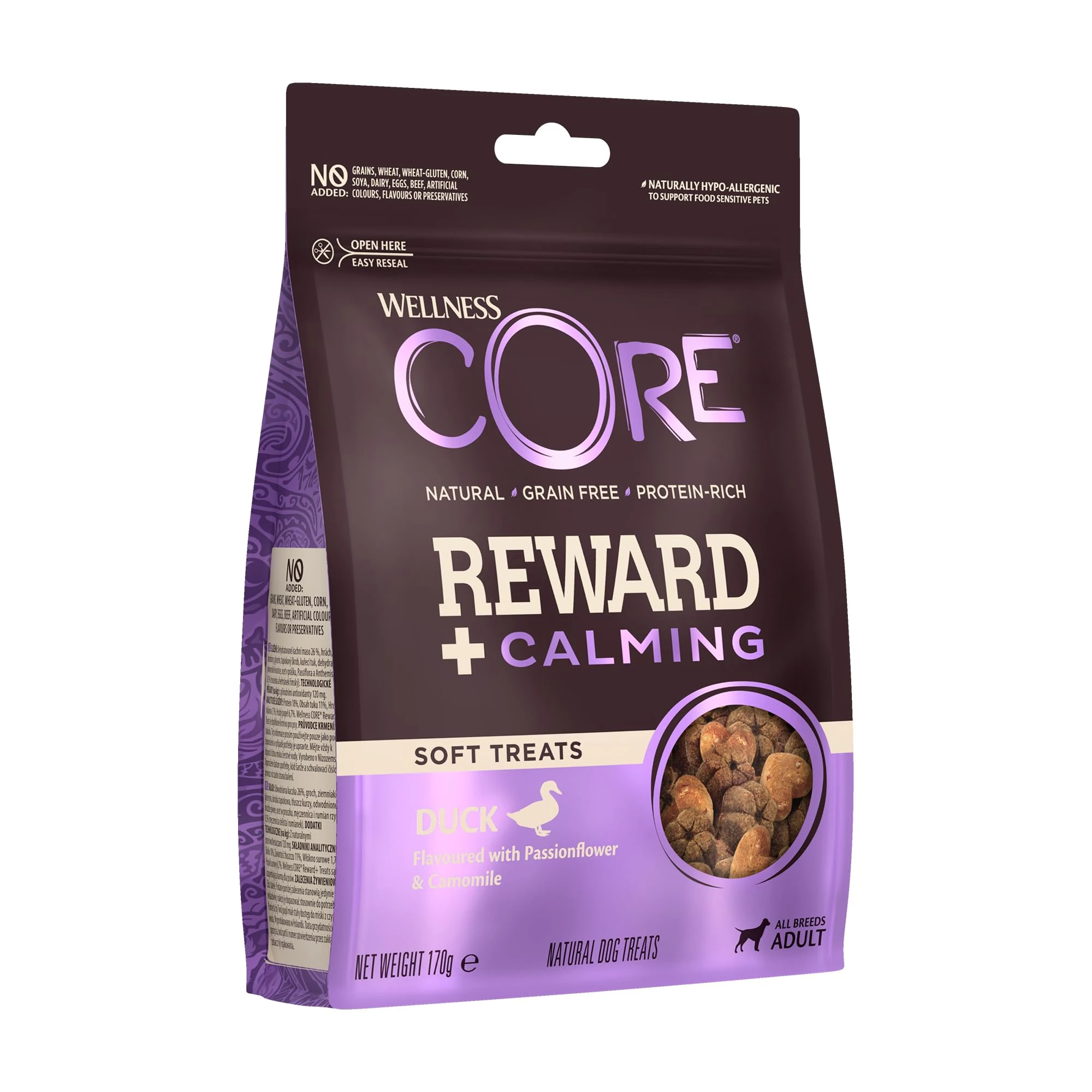 Wellness CORE Reward+ Calming, 170g, Duck & Camomille, Soft Dog Treats for All Dog Breeds, All-Natural, Grain-Free, High Meat Content, Protein-Rich, Calming Support